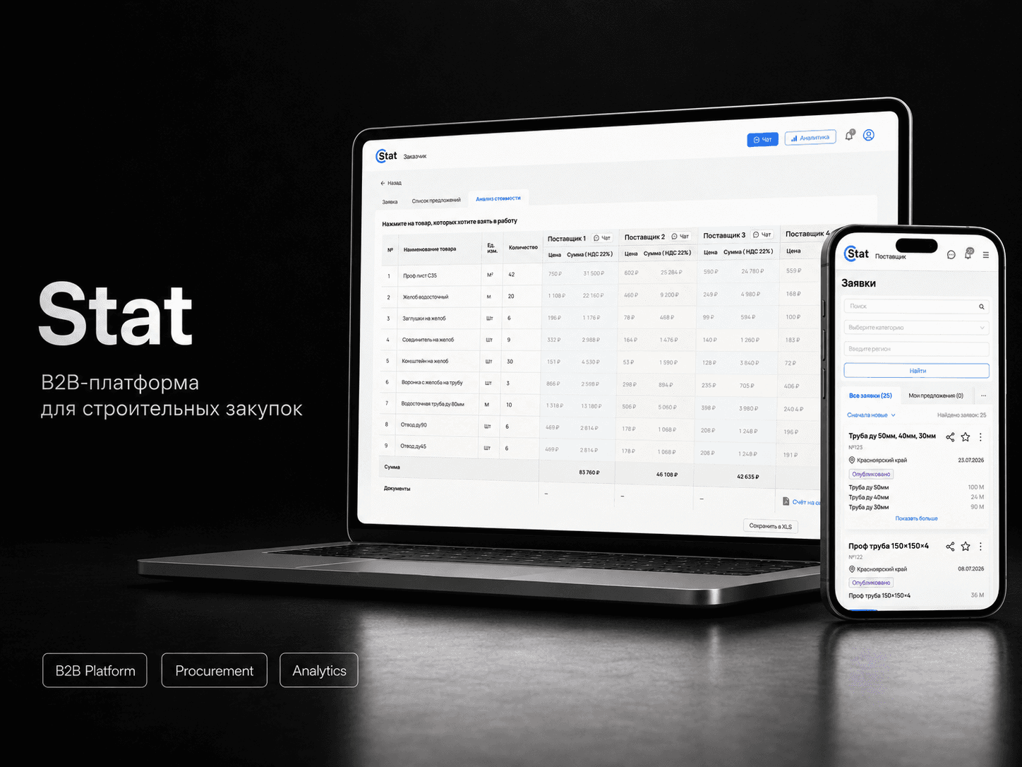 Первый экран платформы Stat со списком заявок на закупку
