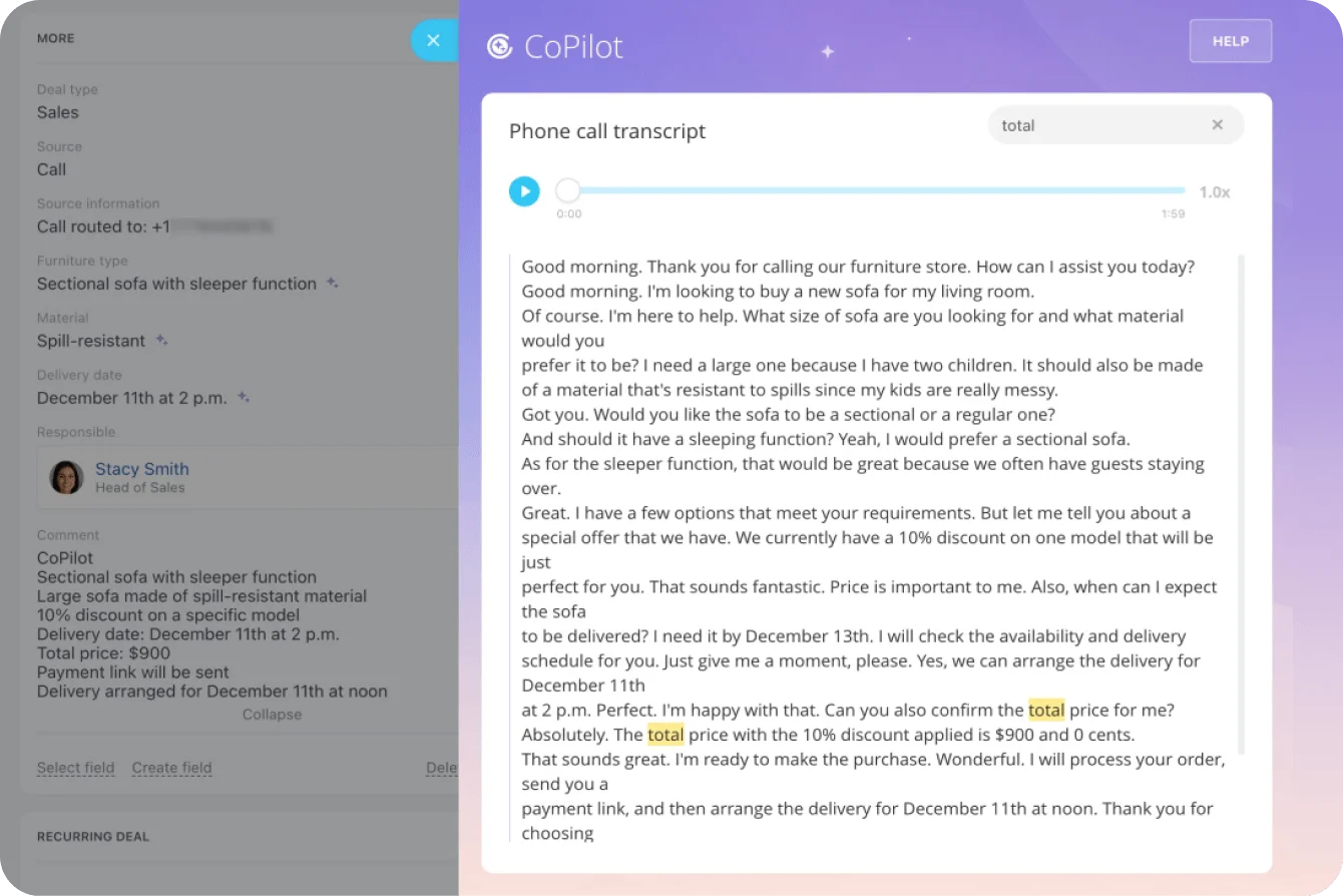 Карточка сделки в CRM и панель CoPilot с расшифровкой телефонного разговора